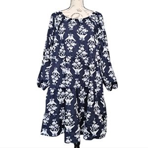 J. crew peasant tiered puff sleeve navy blue dark floral midi dress pockets